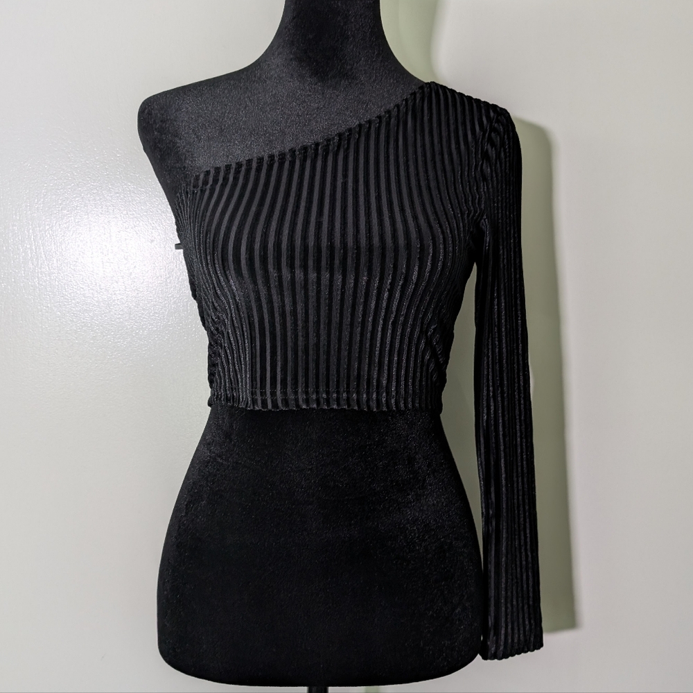 Black One-Shoulder Ribbed Top Velvet Cropped Off The Shoulder Dance Sexy Club